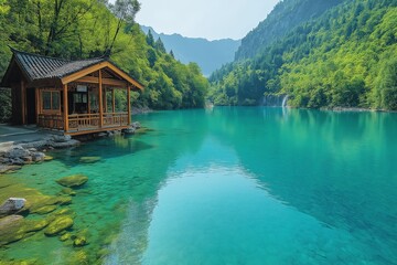 Fototapeta premium Tranquil wooden cabin by turquoise lake with lush green mountains in the background