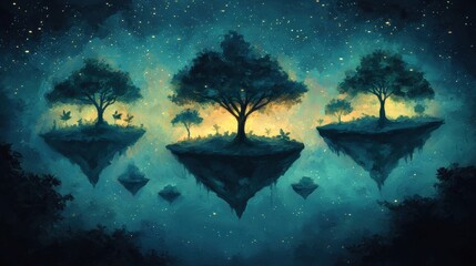 Fototapeta premium Ethereal Nighttime Scene with Floating Trees and Starry Sky