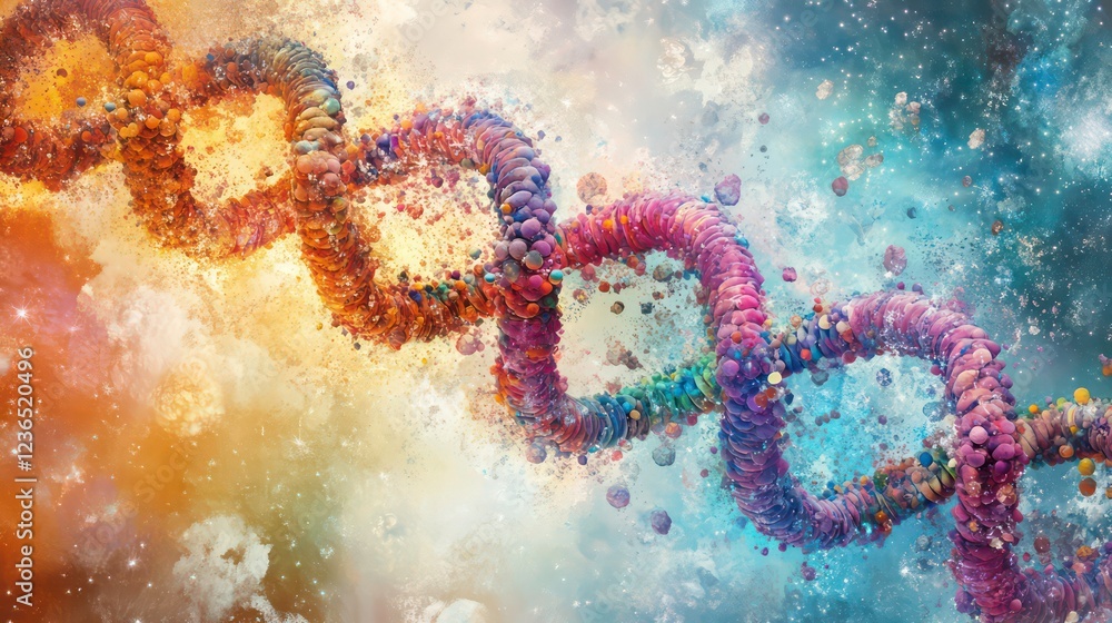Poster colorful dna helix floating in a vibrant nebula, representing genetic code and cosmic origins.