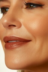 Fototapeta premium Procedure showcasing medical aesthetic enhancements with focus on natural lip appearance and forehead botox injection on a woman's front face