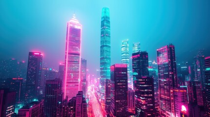 Fototapeta premium Vibrant Neon Cityscape at Night with Skyscrapers and Urban Lights