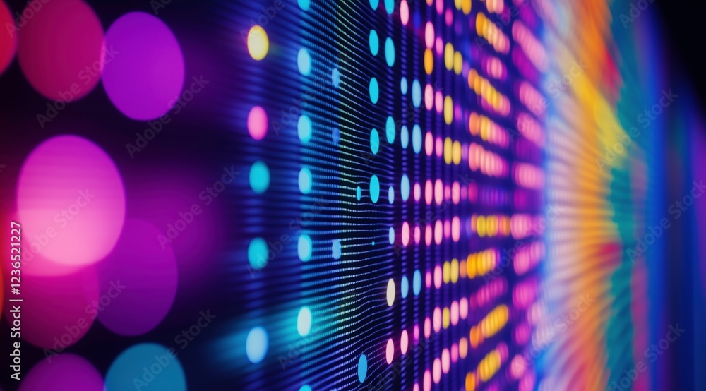 Poster abstract digital canvas: a vibrant tapestry of colorful dots illuminates a dark backdrop, creating a