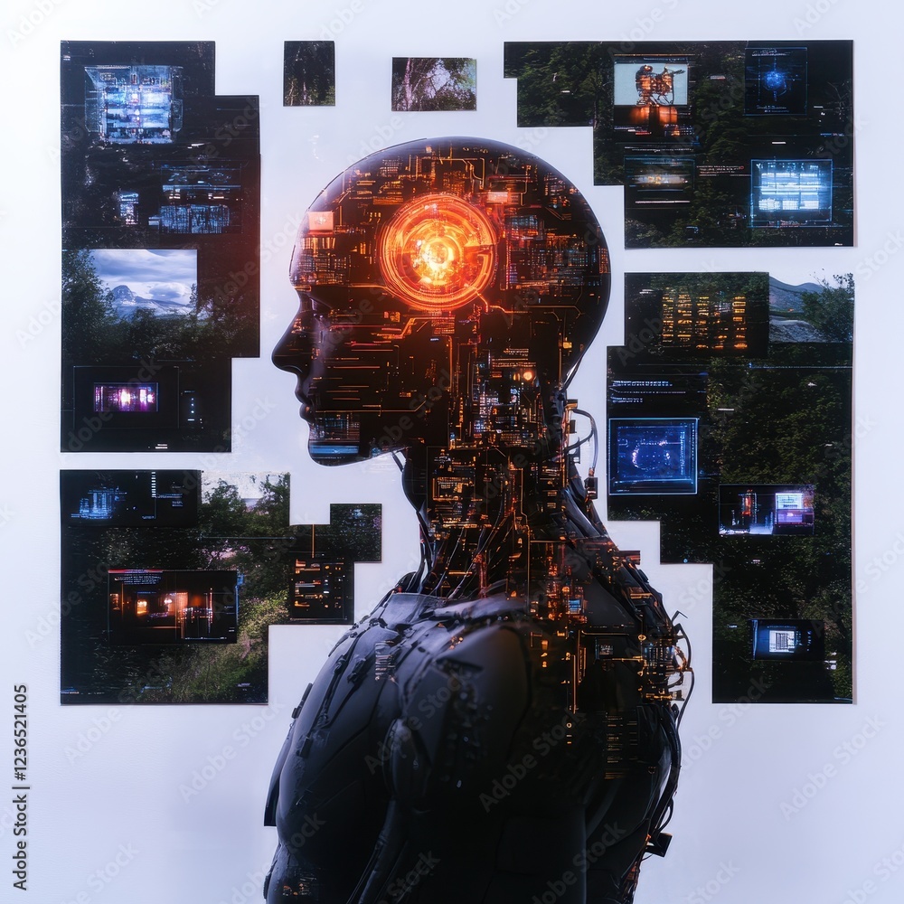 Poster futuristic robot head with digital interface background