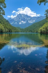 Scenic lake reflecting majestic mountains and clear blue skies in a serene landscape