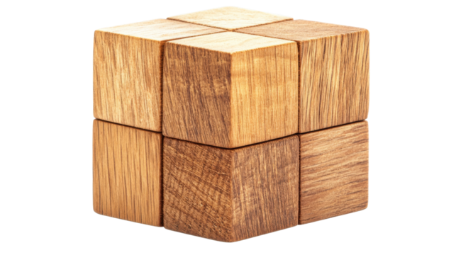 Wooden cube formed by eight smaller cubes on transparent background