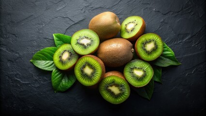 Juicy kiwifruit halves and wholes, vibrant against a sleek black backdrop.