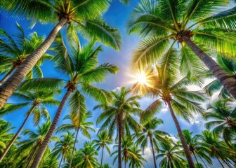 Low-angle panoramic: Palm trees rise against a vibrant tropical sky, a breathtaking paradise.