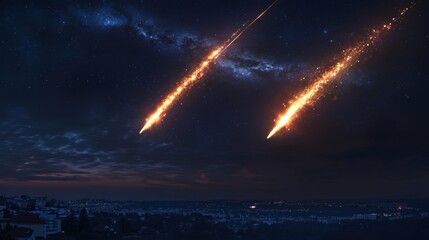 Two meteorites fly in the night sky Bright meteors glow in the atmosphere Beautiful shooting stars