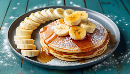 a plate of pancakes with powdered sugar and followed by means of banana slices and syrup