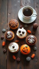 A delightful assortment of Halloween cupcakes, featuring playful designs like skeletons, spiders, and pumpkins, is beautifully arranged alongside a steaming cup of coffee. This cozy scene captures the