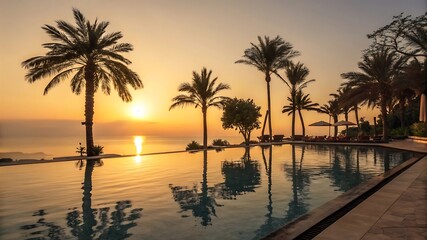 Obraz premium Tranquil Poolside at Sunset – Tropical Scene with Palm Trees and Reflective Water