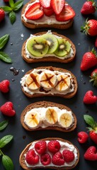 A stunning display of colorful fruit-topped bread slices showcases a delightful array of flavors and textures. Each slice is adorned with fresh strawberries, kiwi, bananas, and raspberries, creating a