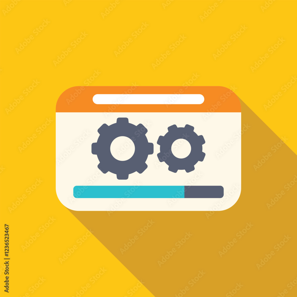 Poster website building process with progress bar and rotating gears symbolizing ongoing work