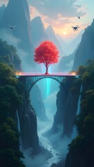 A glowing glass bridge spans a lush valley, centered by a red tree, blending tech and nature in harmony.