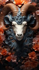 Ornate ram sculpture amidst blooming flowers.