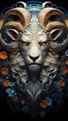 Majestic ram head, ornate design, floral background, fantasy art, ideal for fantasy game or book cover.