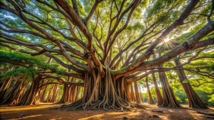 Mauritius's Souillac: A majestic banyan tree's sprawling roots, captured from above via drone photography.