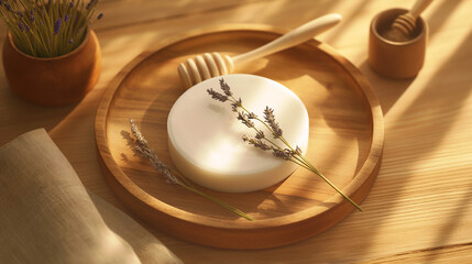 Fototapeta premium Round and oval handmade soap bars with natural ingredients, lavender, coffee, honey, and coconut oil, artisanal skincare, eco-friendly beauty