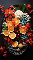 Festive oranges, flowers, and berries on a dark tray; holiday decor, food styling.