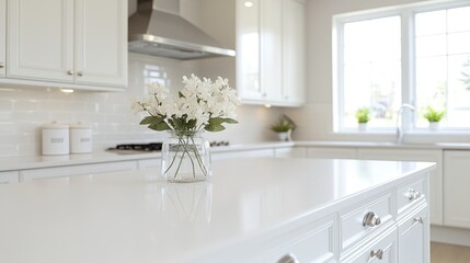 White kitchen island flowers, bright window, home decor