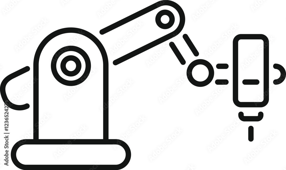Poster robotic arm moving object on production line, automation and industry concept