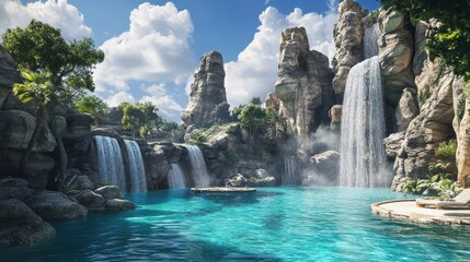 Naklejka premium Serene Lagoon Surrounded by Lush Rocks and Waterfalls