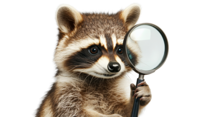 Curious raccoon holding magnifying glass on transparent background