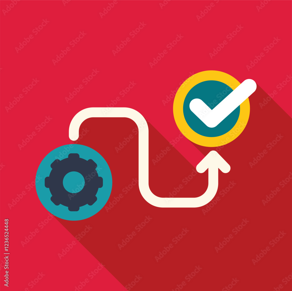 Aufkleber visual representation of a process starting with a gear, symbolizing planning and execution, leading