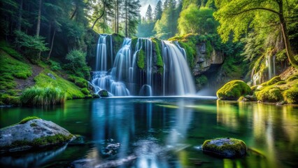 Mossy rocks frame a majestic waterfall's silhouette, cascading into a forest lake.