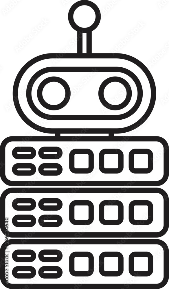 Poster line art vector illustration of a robot managing a stack of data servers, symbolizing artificial int