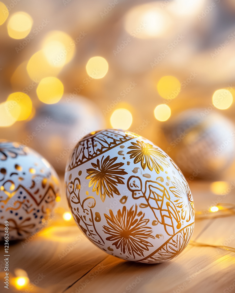 Poster easter eggs decorated with intricate patterns are beautifully displayed with a soft warm light illum