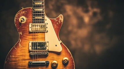 Worn electric guitar, studio shot, brown background, music website