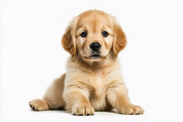 Playful golden retriever puppy sitting attentively isolated on white background.