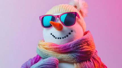 Cool Snowman with Stylish Sunglasses and Colorful Scarf on a Pink and Winter-Themed Background