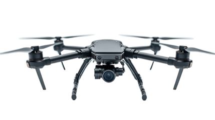 Drone Technology: A high-tech drone, equipped with a professional camera, showcased in a detailed, front view. Its sleek, black design and robust build suggest advanced capabilities.