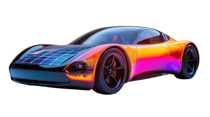 Solar Powered Sports Car: A sleek and futuristic sports car with a solar panel roof gleams in vibrant colors, representing the future of sustainable transportation and high-performance driving.