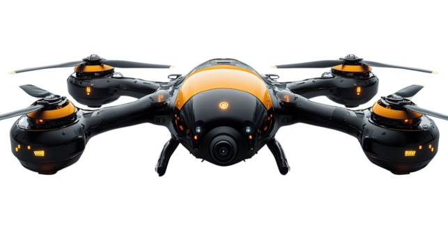 Advanced Drone Technology: A close-up shot of a futuristic drone, featuring sleek black design with vibrant yellow accents, showcasing its advanced technology and powerful capabilities. 