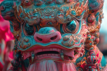 Obraz premium Close-up lion dance mask, vibrant colors, festival parade.