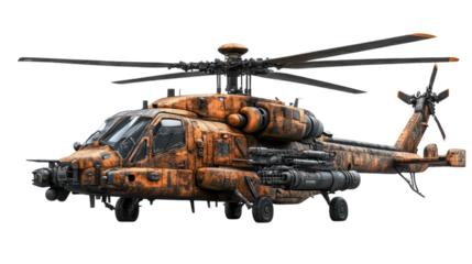 Desert Camo Attack Helicopter: A heavily armed attack helicopter, weathered and bearing a desert camouflage paint scheme, stands ready for action.