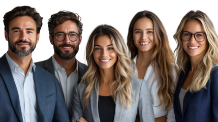 Confident Team Portrait: A diverse group of smiling professionals exude confidence and success in a contemporary business portrait.