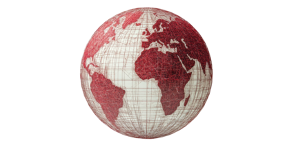 Red Globe Earth: A stylized image of a terrestrial globe in shades of red and beige, with a vintage map-like texture, evokes feelings of global connection and exploration. 