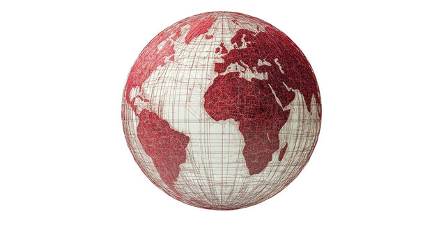 Red Globe Earth: A stylized image of a terrestrial globe in shades of red and beige, with a vintage map-like texture, evokes feelings of global connection and exploration. 
