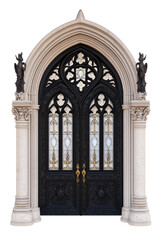 Gothic Cathedral Double Door with Ornate Stained Glass and Sculpted Details