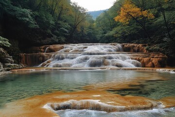 Naklejka premium Serene waterfall cascading down rocky formations surrounded by vibrant autumn foliage