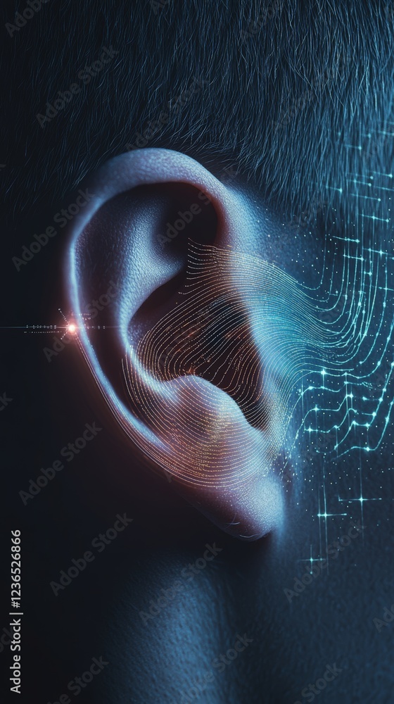 Aufkleber Sound waves entering a human ear, generating a visualization of data processing, conceptualizing aspects of hearing, audiology, and advancements in sound technology