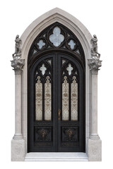 Gothic Cathedral Double Door with Ornate Stained Glass and Sculpted Details