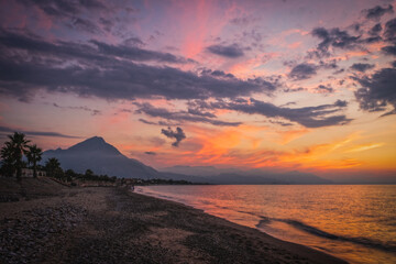 Sunset on the beach of the city of Campofelice di Rosaria in northwestern Sicily. August 2024