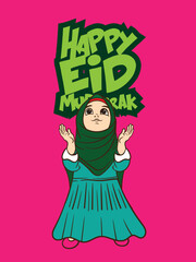 eid mubarak doodle with kids cartoon character lebaran