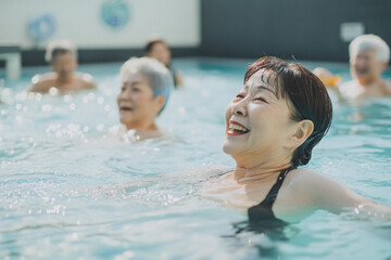 Obraz premium Seniors enjoy a joyful swimming session in the pool