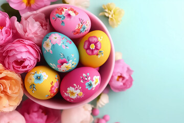 Fototapeta premium A bowl filled with beautifully hand-painted Easter eggs rests among vibrant flowers in soft natural light. The joyful colors evoke a celebratory spring theme perfect for festive occasions